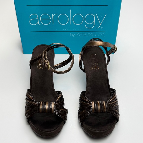 Aerology Aerosoles Women Size 6.5 Plushwell Brown Bronze Wedge Ankle Strap Heels - Picture 1 of 8